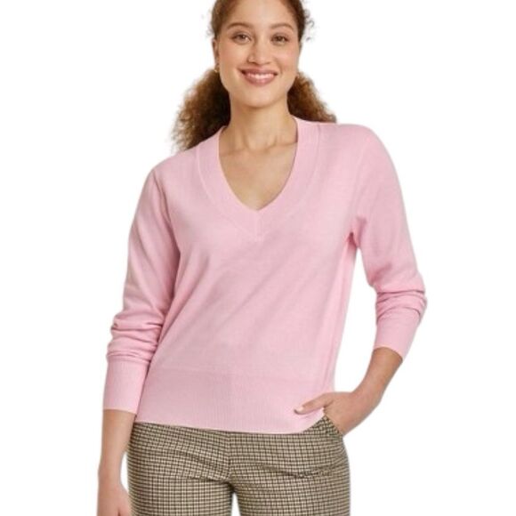 A New Day Heathered Pink Fine Gauge V-neck Sweater - Size Extra Small - Picture 2 of 7